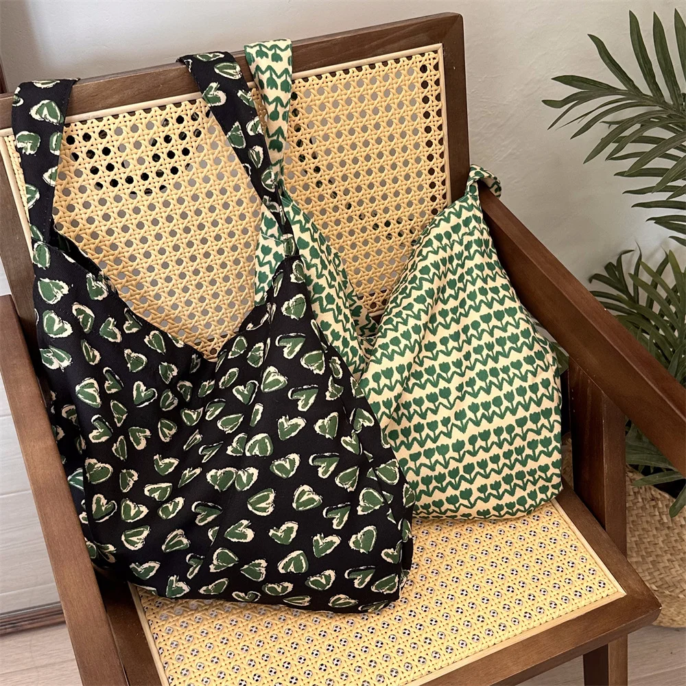 Floral Canvas Shoulder Bag For Woman Flower Print Shopping Tote Versatile Open Top No Lining Spring Summer Crossbody Bag