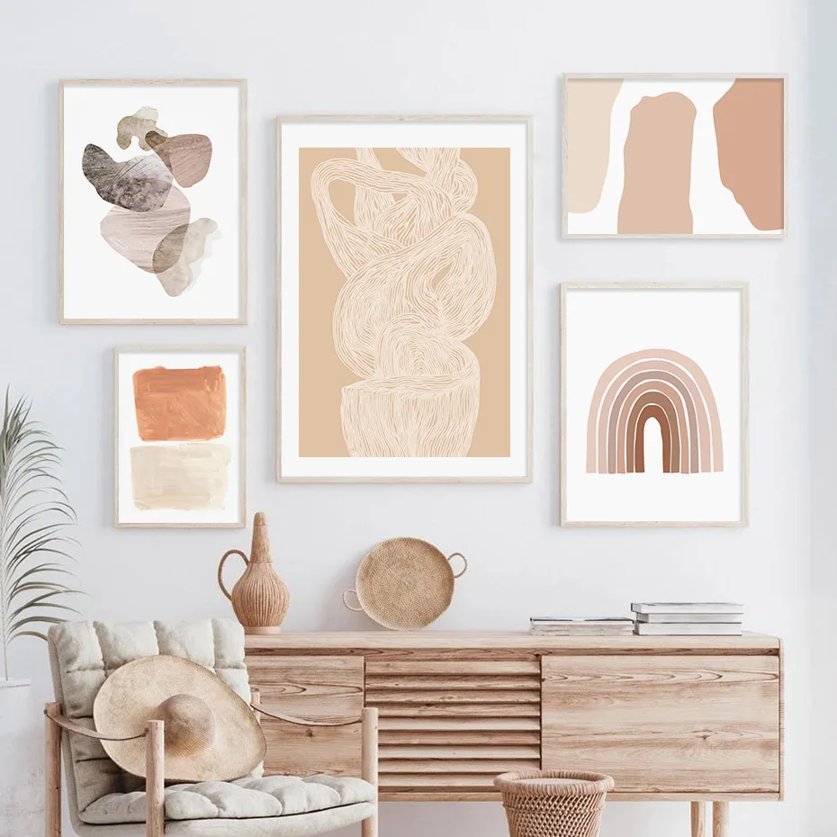 

Abstract Boho Style Beige Geometry Line Canvas Painting Wall Art Prints Poster Pictures Home Interior Room Decoration Minimalist