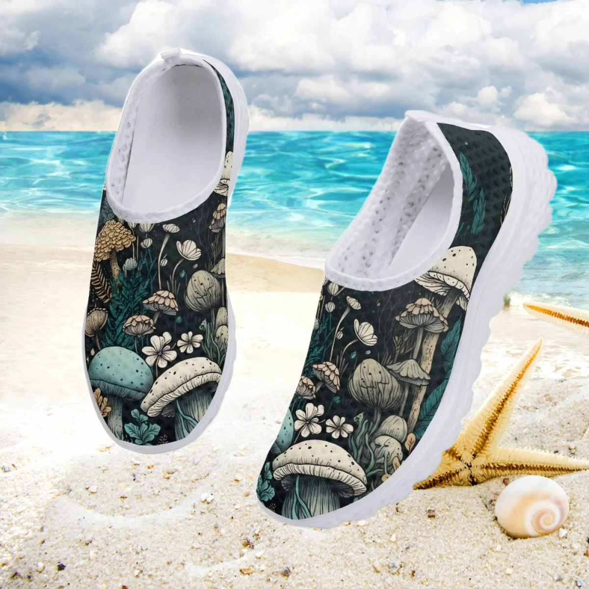 

Летняя сетчатая обувь с принтом грибов в лесу, амортизирующая обувь на плоской подошве для женщин и мужчин, Повседневная пляжная обувь без шнуровки, 2023