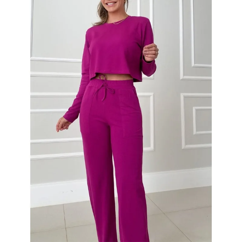 Female Fashion Crop Long Sleeve Tops & Casual Pants Set Autumn & Winter Temperament Commuting Two Piece Sets Outfits for Women