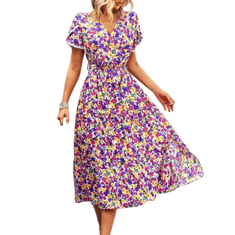 

Women Dress Print A-line Hem Patchwork Short Sleeves Irregular Short Sleeve Split Hem Lace Up Loose Dress