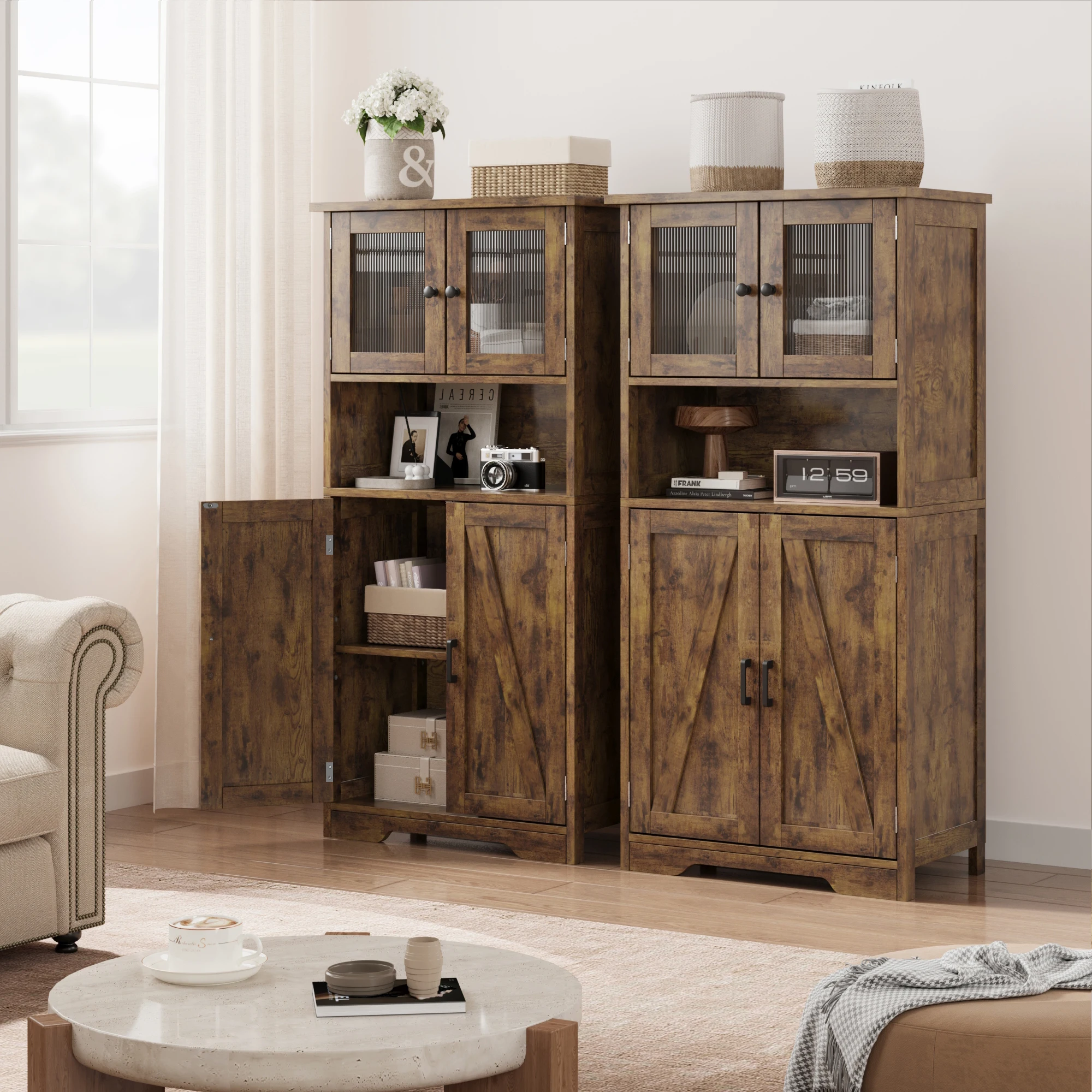 Bathroom Cabinet, White Freestanding Floor Linen Storage Cabinet, Kitchen Pantry Storage Cabinet with Glass Doors