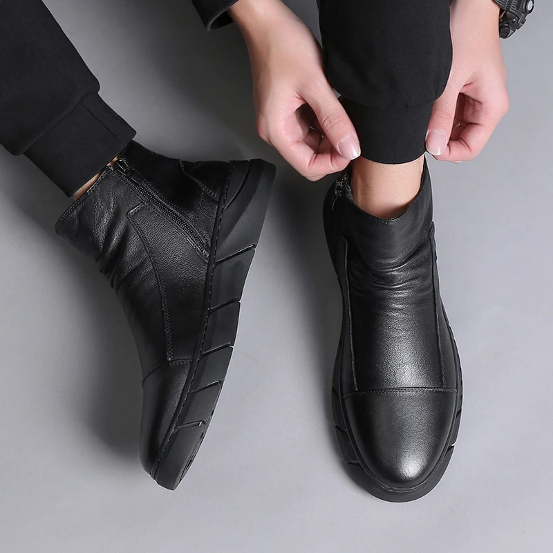 Men Chelsea Boots Handmade Side Zipper Black High Top Soft Sole Spring Autumn British Style Casual Loafers men chelsea boots