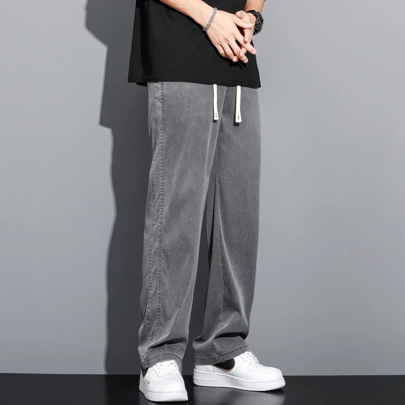 S-5XL 6 스타일, 남성용 루즈 청바지 여름 소프트 리오 셀 얇은 패브릭 스트레이트 팬츠 드로우 스트링 신축성 허리 한국 캐주얼 바지, Y2K