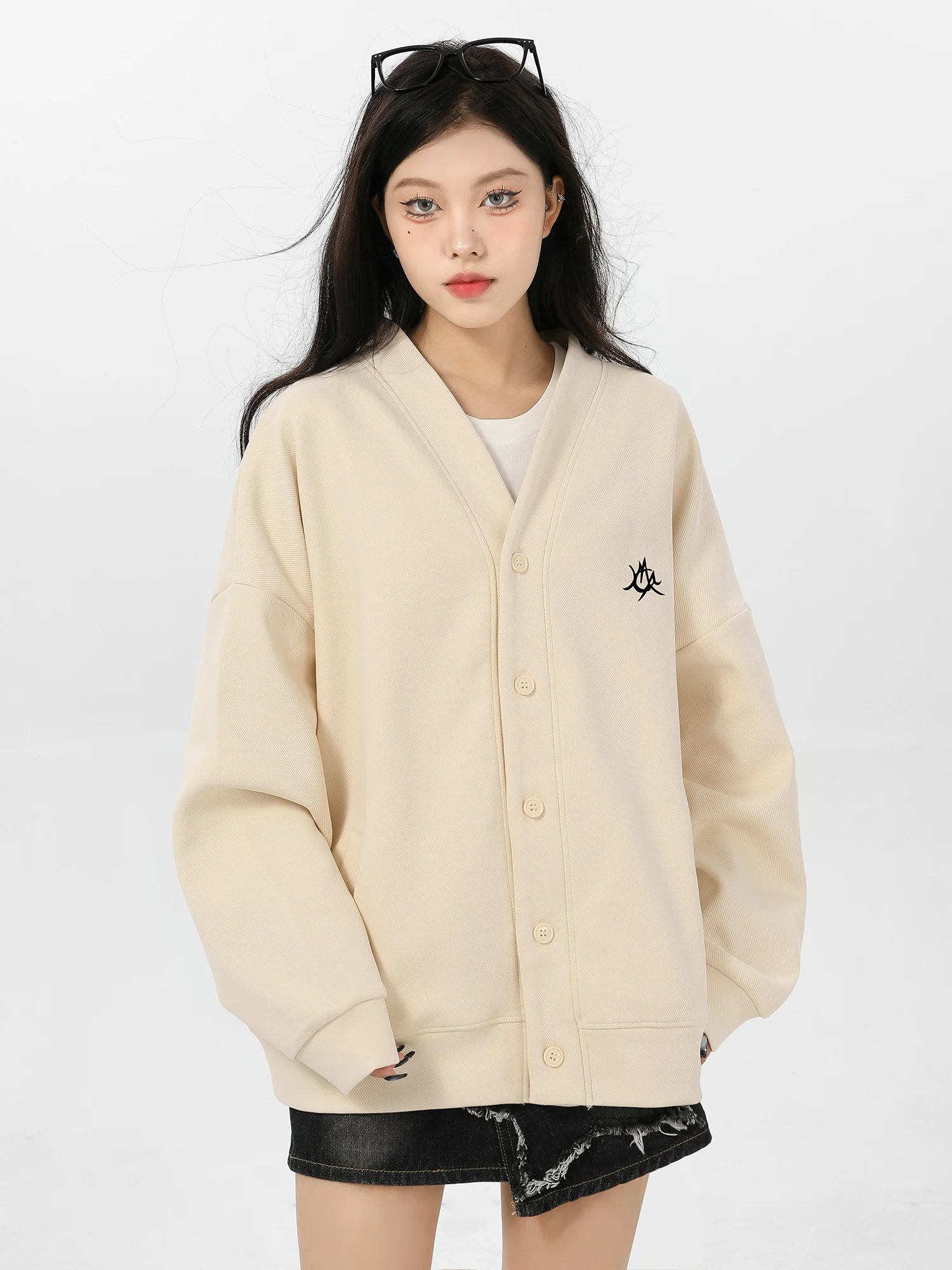 Hooded Sweatshirt Cardigan Women's Light-Colored Fashionable Loose Single-Breasted American V-neck SpringAutumn Long-Sleeved Top