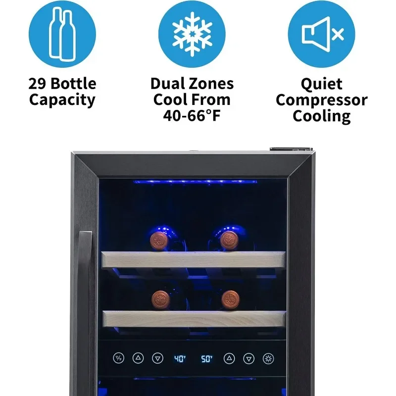 NewAir 15" Dual Zone Wine Cooler Refrigerator in Black Stainless Steel-Under Counter Wine Fridge, Refrigerator