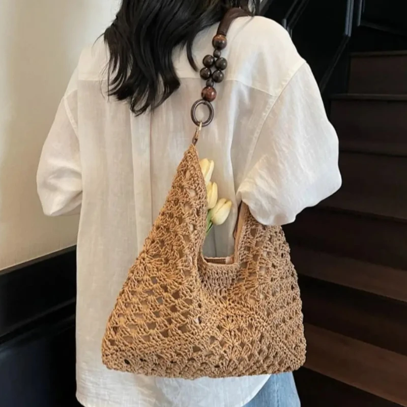 Straw Woven Tote Bag Beach Handbag Bohemian Beach Bag Large Capacity Bucket Bag Hollow Shoulder Bags Holiday 2026 Hollow Out - 5