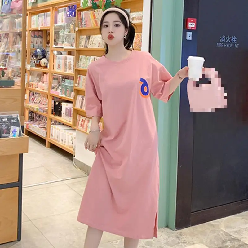 

2022 Summer New Korean Arrival Loose Thin Casual Simple Solid Color Lazy Style O-neck Elastic Women T-shirt Dress Free Shipping