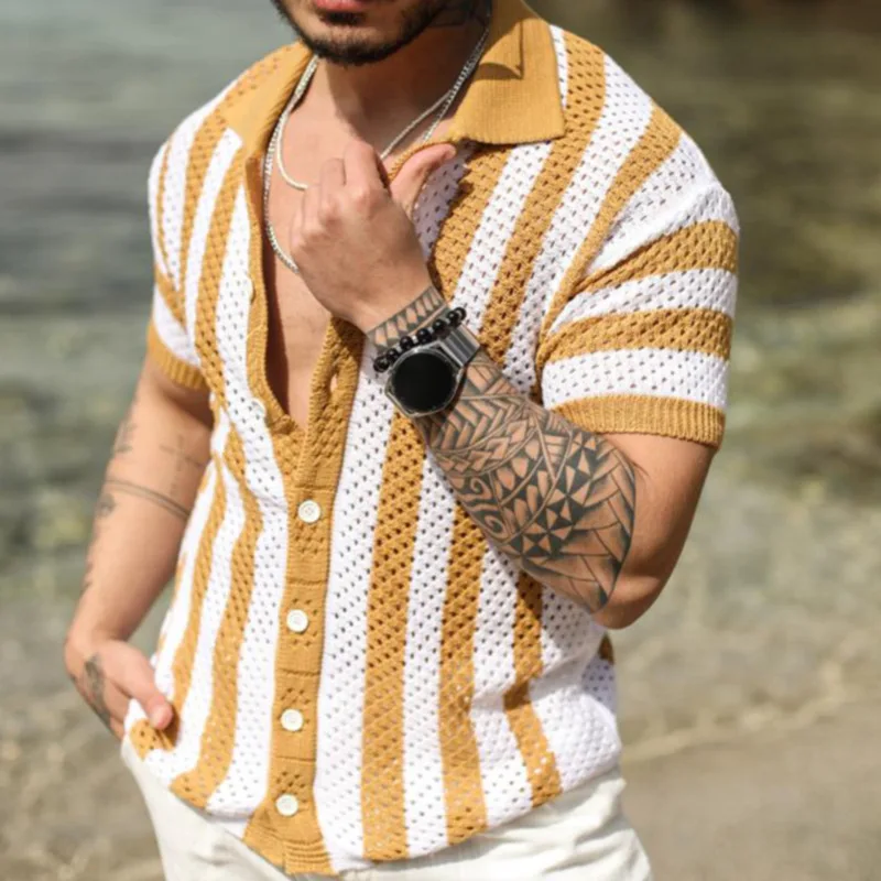 2025 Men's Summer Striped Hollow Out Design Knitted Short-sleeved Polo Shirts Casual Loose Cardigan Tops Male Streetwear T-shirt 10 S9cee7af0fb014688a3a8a2d8dff3cc0fk