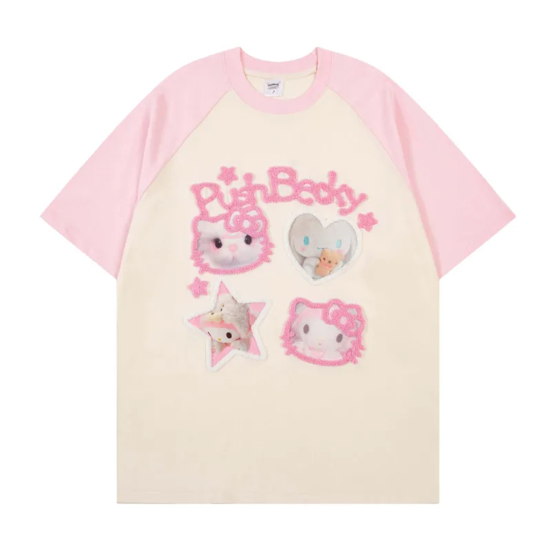 

Hello Kitty T-shirt Women 2024 Sanrio Cartoon Print Patchwork Contrasting Men Oversize Couple Short Sleeved O-neck Unisex Top