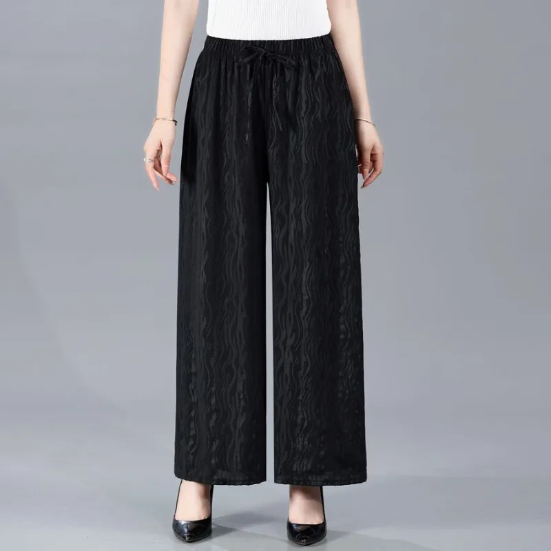 Simplicity Commuter Summer Thin Pants Women Solid Elastic Waist Drawstring Loose Casual High Waist Straight Wide Leg Trousers
