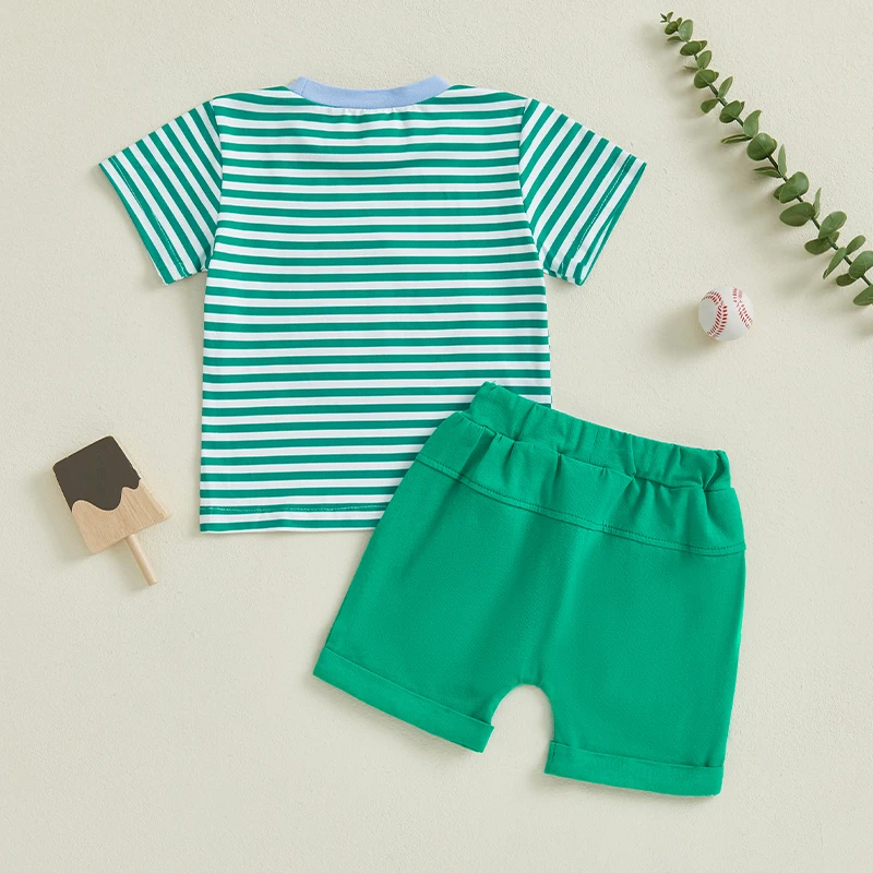 Boys Summer Outfits Striped Baseball Embroidered Short Sleeve T-Shirts with Elastic Waist Shorts 2-Piece Clothing Set for 5
