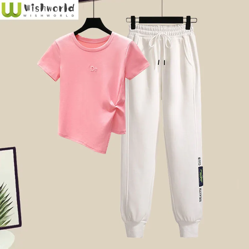 Fashion Sports Women's Suit 2023 Spring and Summer New Korean Version Short-cut T-shirt Casual Pants Two-piece Set