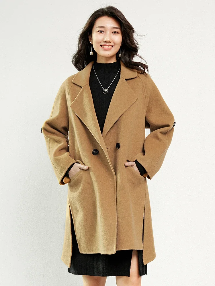 

Women's Double-Sided Cashmere Coat, Autumn and Winter, Mid-length, Slim Fit, Suit Collar, Camel Colored Wool, High End