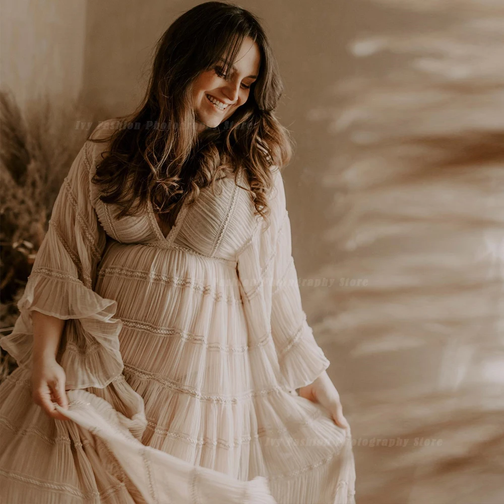 Bohemian Photo Shooting Pregnancy Dress Vneck Long Sleeve Pleated