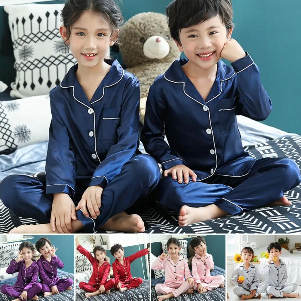 2pcs Infant Baby Boy Girl Pajamas Silk Satin Top Pant Long sleeve Solid Button-Down Pyjamas Satin Set Nightgown Child Sleepwear