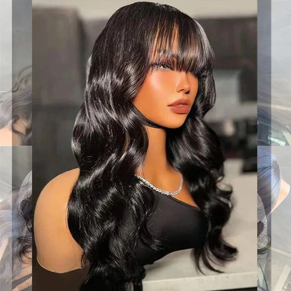 Body Wave Human Hair Wigs With Bangs 180% Density Remy Indian Wig With Bangs Full Machine Made Fringe Wig Human Hair Natural