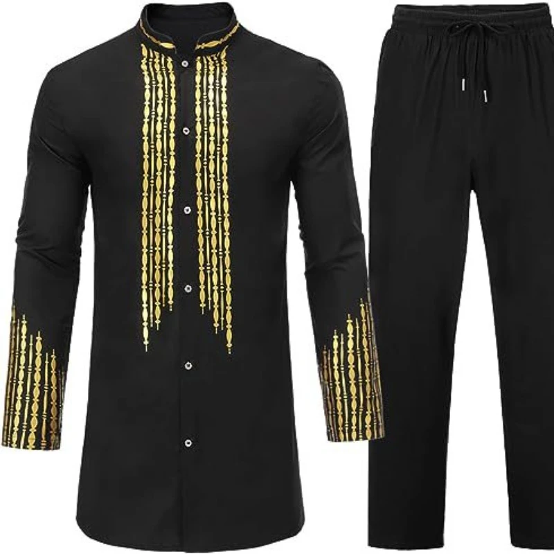 

Men's African Men's Suit Bronzing Top and Trousers 2-Piece Set pakistan muslim fashion men arabic clothes arab