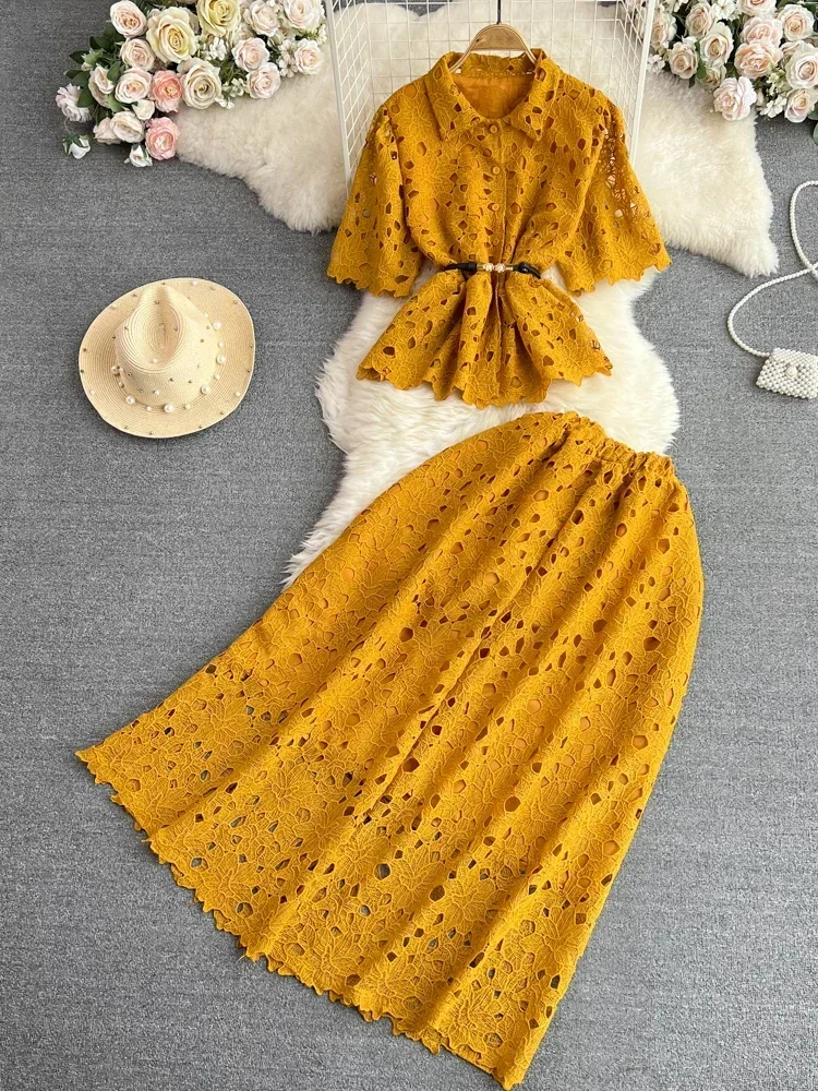 Women Summer Dress Sets Vintage Style Short Sleeve Hollow Out Single Breasted Shirt Two Piece High Waist A-Line Dress D3289 - Image 6