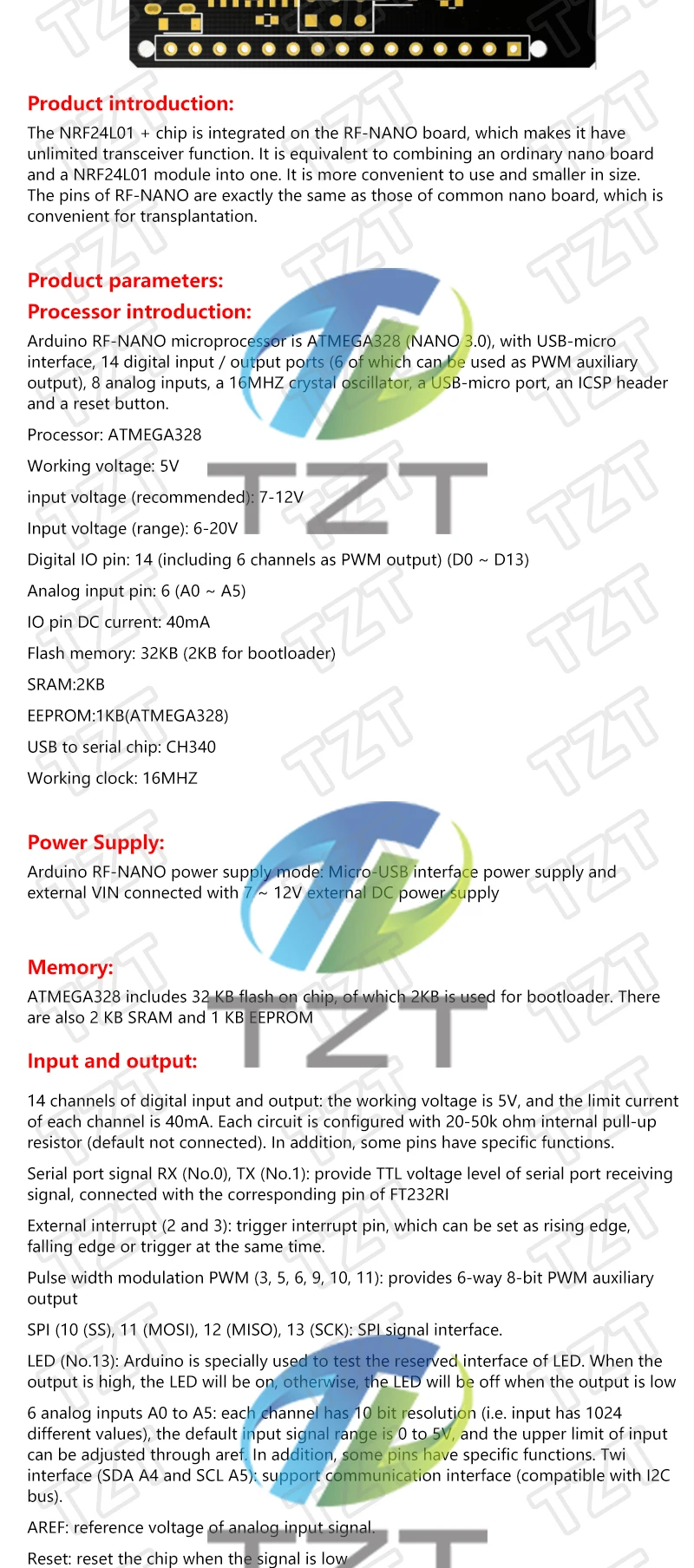 TZT 1/3PCS RF-Nano für Arduino Nano V3.0, Micro USB Nano Board ATmega328P QFN32 5V 16M CH340, integriert NRF24l01+2.4G Wireless – Detail 3