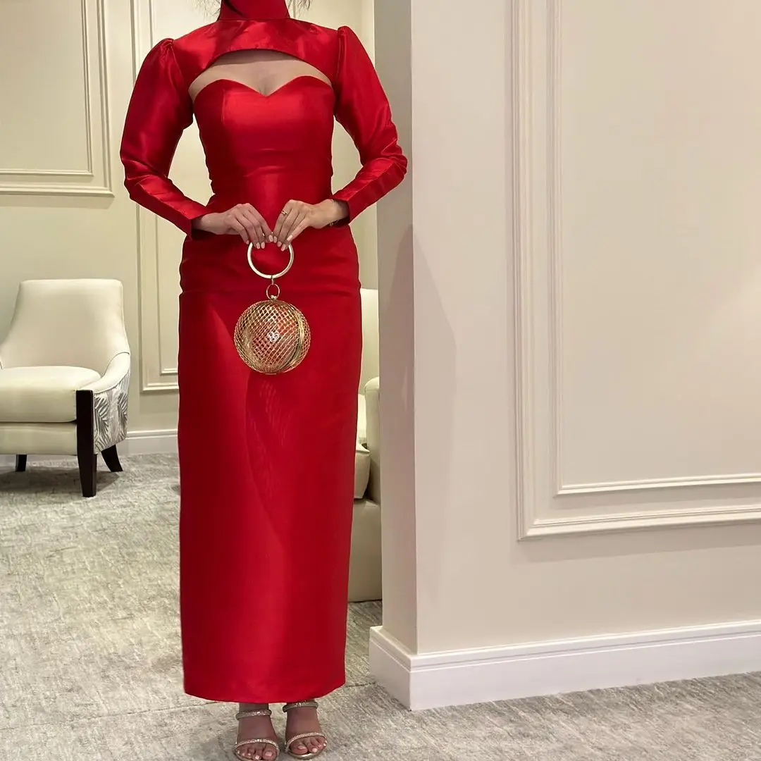 

Saudi Arabia Women's Evening Dresses Mermaid Red Satin Long Sleeves Ankle Length Sweetheart Formal Occasion Dress Prom Dress