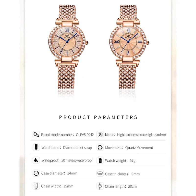 OLEVS 9942 Waterproof Inlaid diamond Luxury  Women Wristwatch, Fashion Stainless Steel Strap Quartz Watch For Women 4