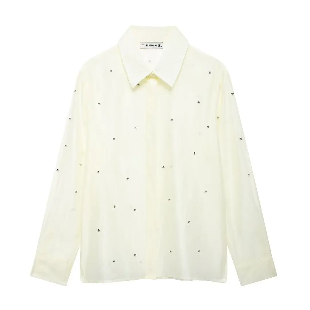 thumbnail image 1 of HH TRAF Camisa elegante con bordado de joyas para mujer, de manga larga, con un solo pecho, cuello vuelto, blusa lisa de calle alta para mujer, 1 of 4
