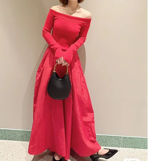 

Elegant Dresses for Women Autumn/Winter Fashion New Solid One Line Neck Off Shoulder Knit Panel Long Sleeve Fresh Sweet Style
