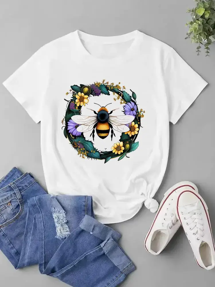 

Bee Lovely Flower Trend Cute Clothing Short Sleeve T-shirt Ladies Female Print Top Fashion Graphic Women Tee T Shirt Clothes