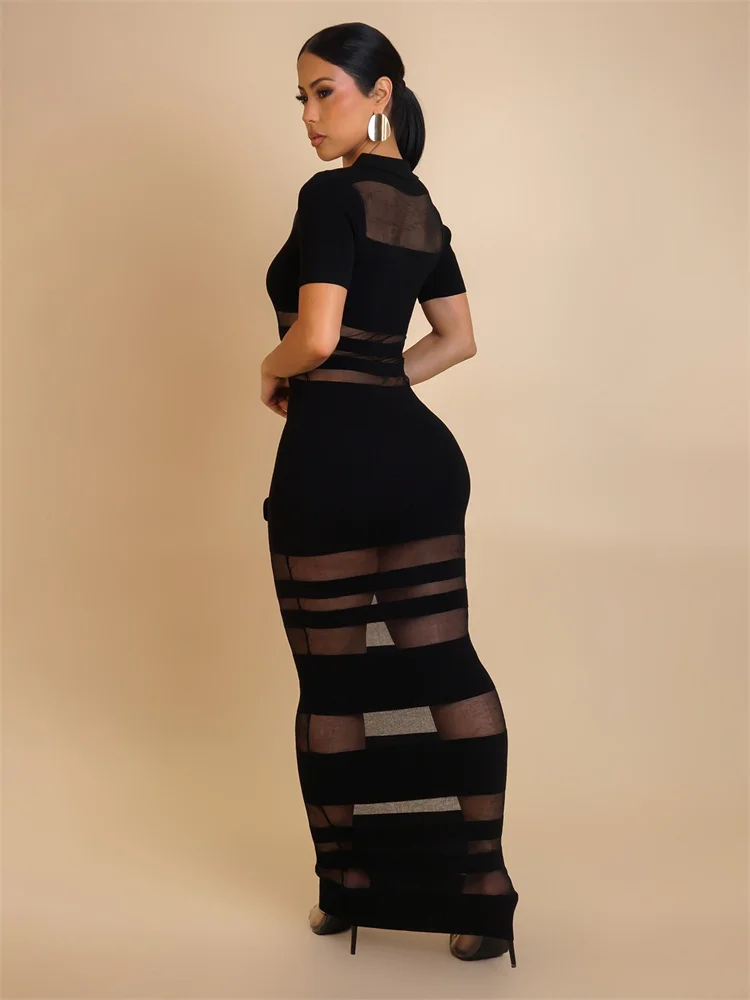 Wmstar Dresses for Women Clothing Wholesale Polo Collar Mesh Fabric Patchwork Bodycon Hugging Sexy Long Shirt Dress Dropshopping