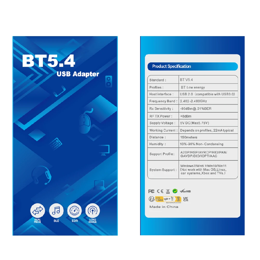 150M BT 5.4 어댑터, 안테나가 있는 USB BT 동글, PC용 무선 BT 송수신기, Win11/10/8.1/7 지원