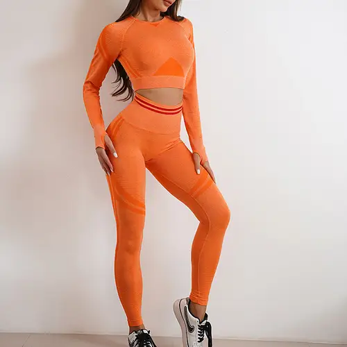 2Pcs Women Autumn Winter Seamless Yoga Set Workout Clothes Long Sleeve Gym Crop Peach Top High Waist Leggings Fitness Sport Suit - Image 12