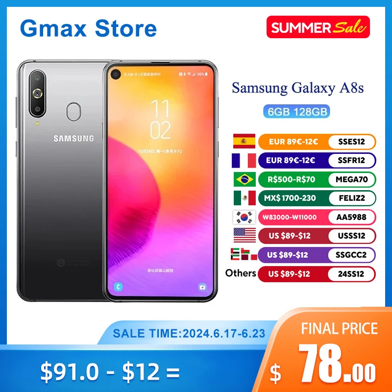 

Смартфон Samsung Galaxy A8s, 4G, 6,4 дюйма, Восьмиядерный Snapdragon 710, тройная задняя камера 24 МП, аккумулятор 3400 мАч, сотовый телефон Android