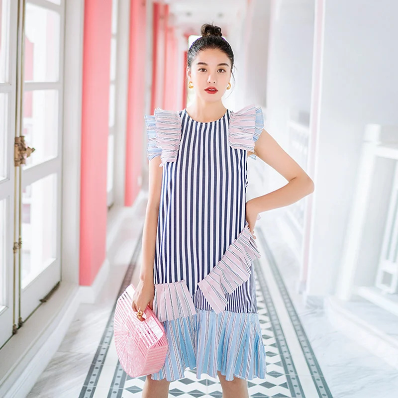 

SuperAen Flying Sleeve Striped O Neck A Line Casual New Retro Dresses Women Summer 2022