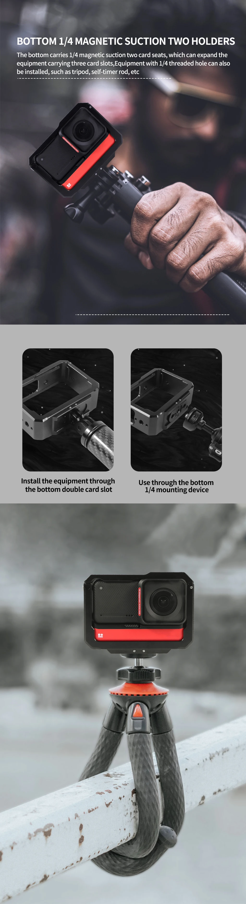One RS R Cage Rig für Insta360 One RS R Kamerahalterung 1/4 Magnetfußadapter Cold Shoe Mount 360 1 Zoll 4K Panoramic Edition – Detail 3