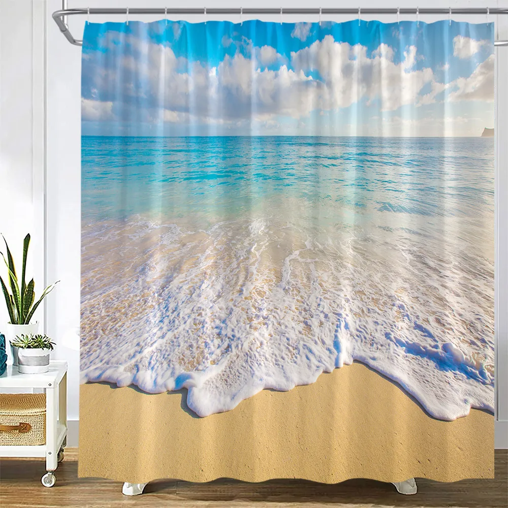 Shower Curtains Dusk Sunset Beach Tropical Ocean Palm Tree Forest Waterfall Nature Scenery Cloth Home Decor Bathroom Curtain Set