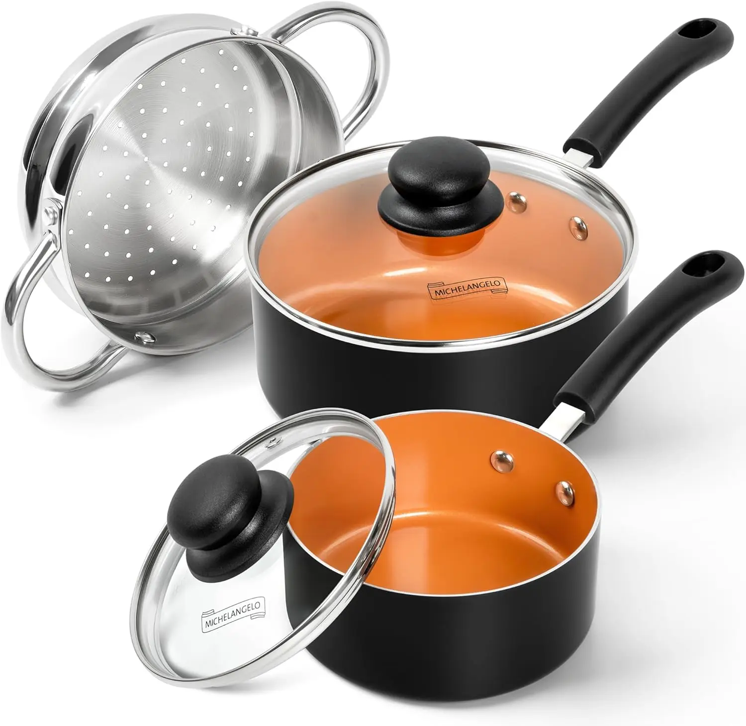 MICHELANGELO Nonstick 1QT & 2QT Ceramic Saucepan Set with Lid and Steamer 1