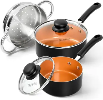 MICHELANGELO Nonstick 1QT & 2QT Ceramic Saucepan Set with Lid and Steamer 1