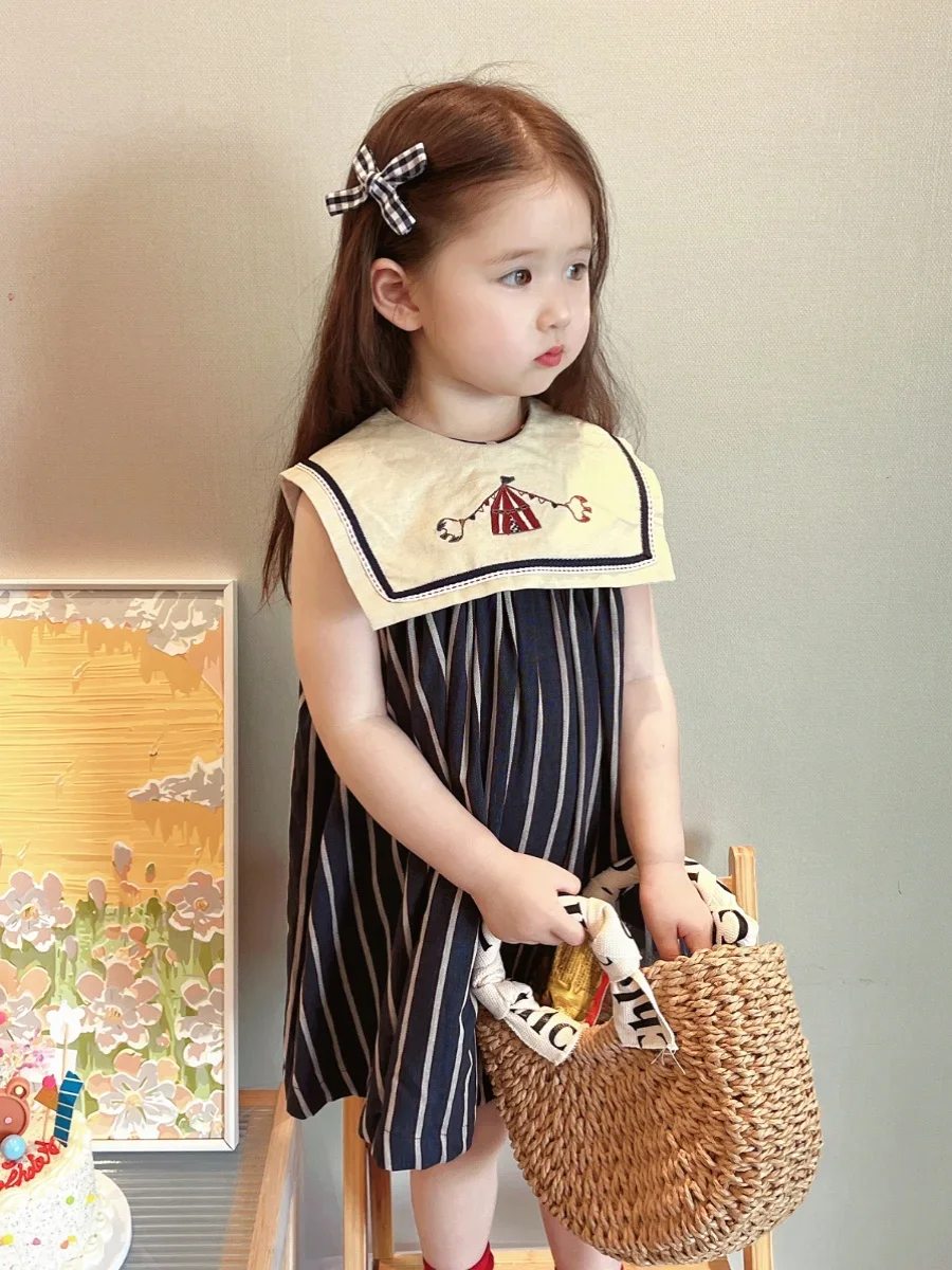 Children's Summer Pure Cotton Dress Sleeveless Big Neck Embroidered Stripe Casual Dress for Girls