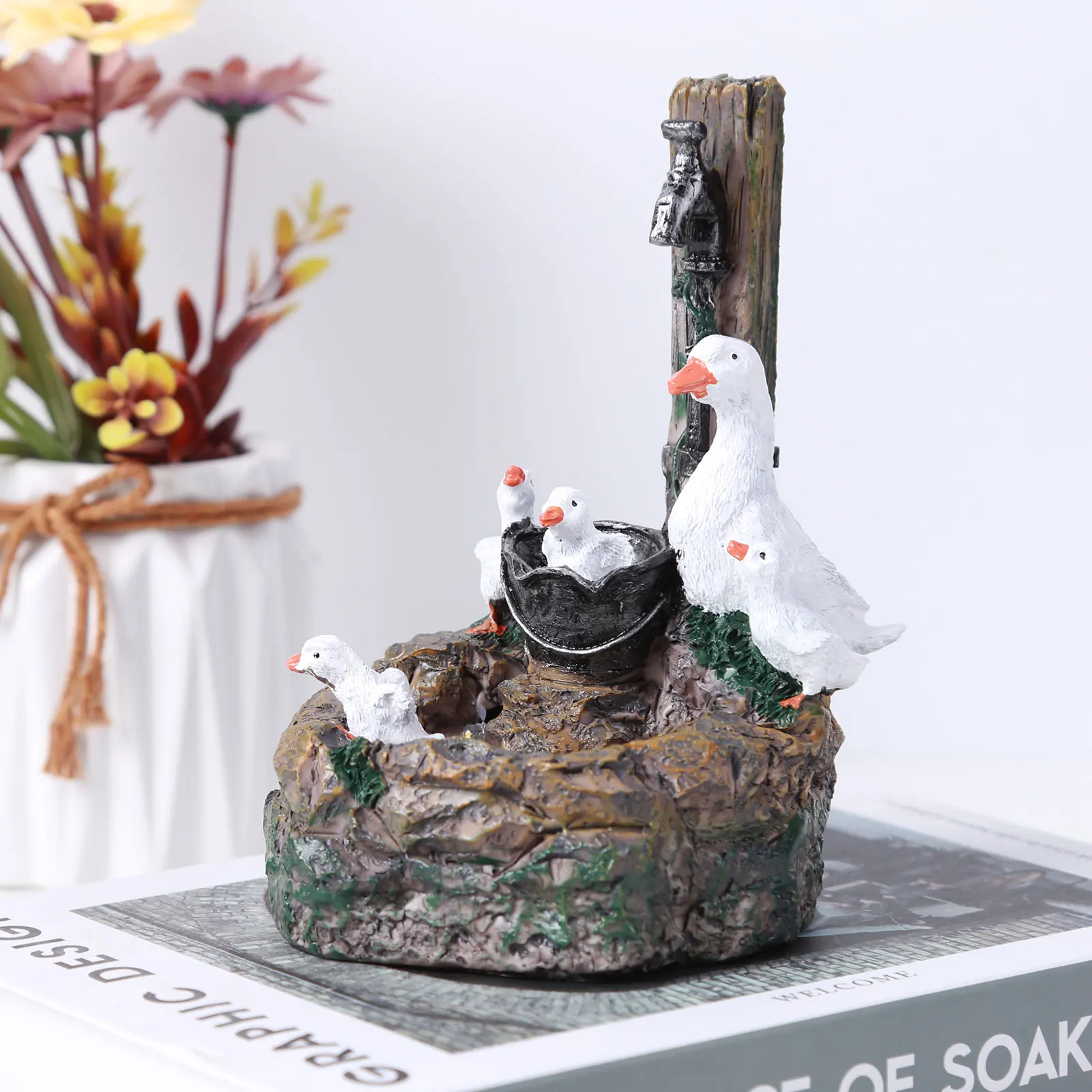 Duck /Squirrel Fountain Ornament Duck Resin Sculpture Ornament Landscaping Decor with Light Water Fountain Duck Statue for Lawn