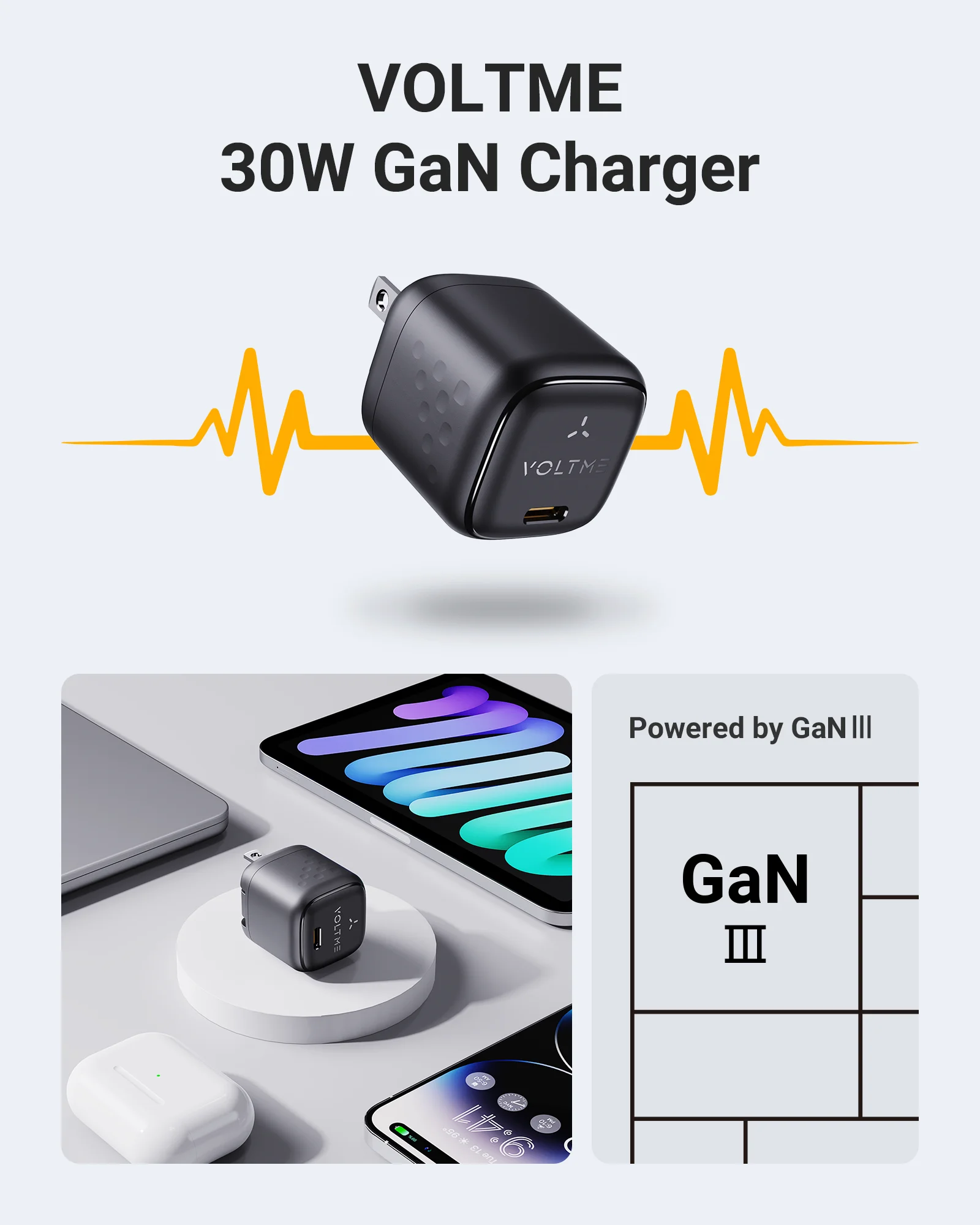 VOLTME 30W USB C Charger Type C Charger Fast Charging Block GaN Ⅲ Power Adapter for iPhone 15 Pro Max Galaxy S24 Ultra gan charger
