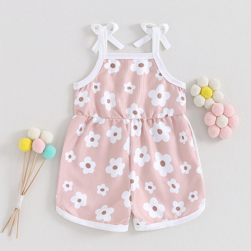 

Little Girls Cami Romper Sleeveless Square Neck Flower Print Tie Up Spaghetti Strap Jumpsuit Infant Baby Toddler Clothes