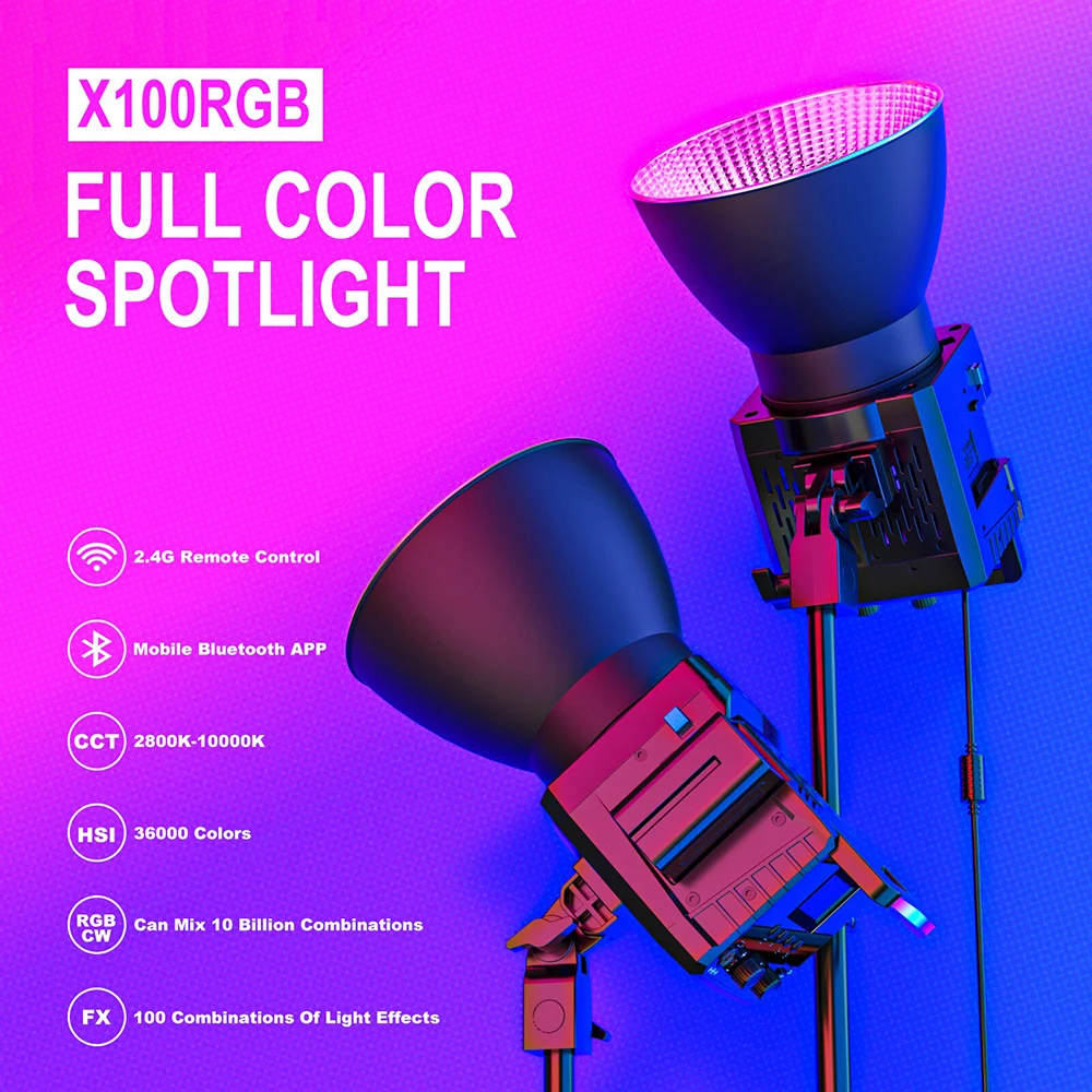 X100 RGB Bi-Color 100W LED Video Light Bowens Mount Photography Lighting APP Con