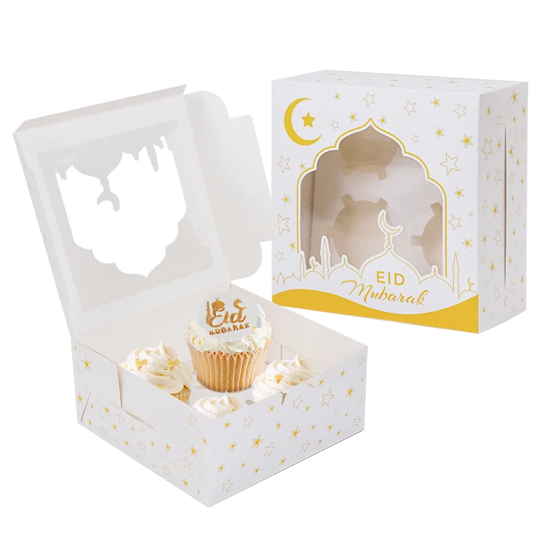 1/4pcs Eid Mubarak Cake Box Ramadan Kareem Muffin Cupcake Packing Boxes 2025 Islamic Muslim Party Decor Supplies Candy Gift Bag