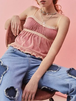 Women's Sweet Cami Tops Mini Bowknot Front Spaghetti Strap Lace Trim Vest Show Navel Cropped Camisole 4