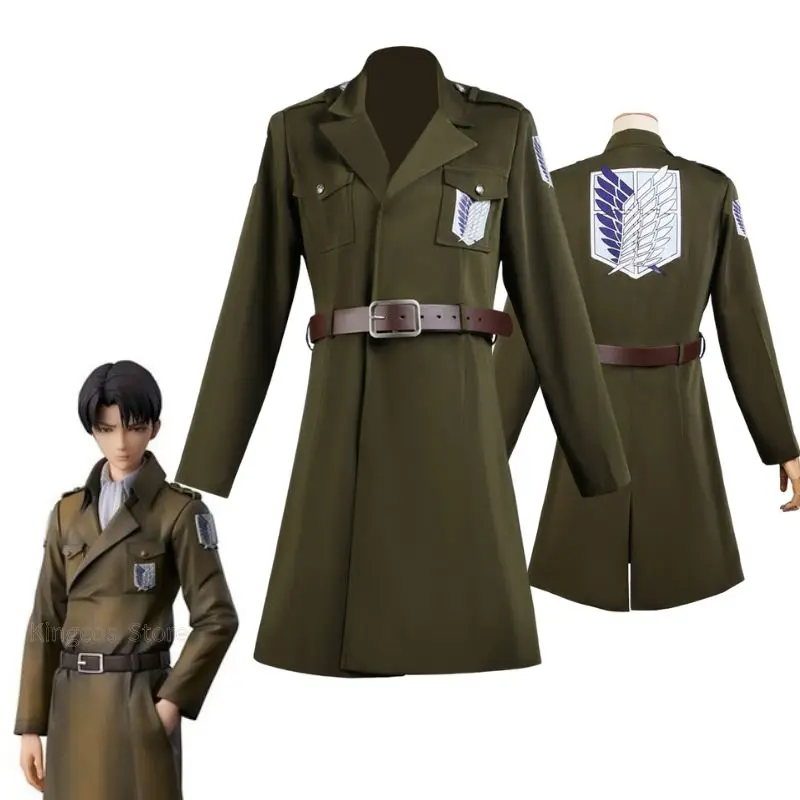 

Anime Attack on Titan Levi Jacket Cosplay Men Costume Green Uniform Coat Belt Outfit Halloween Disguise Party Suit for Adult