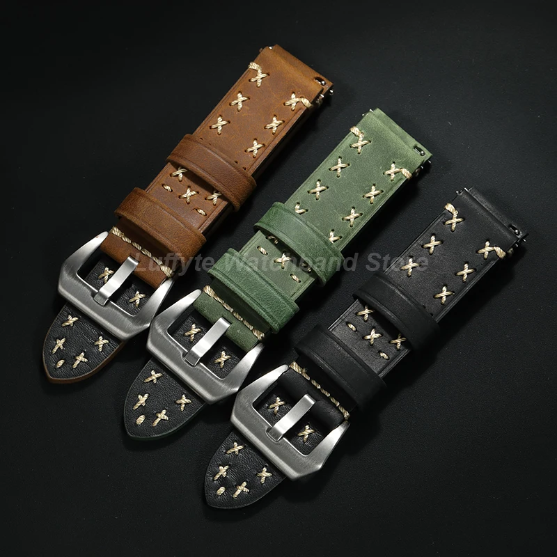 Elegant Crazy Horse Leather Watch Strap - Handmade, Thick, Stitched Replacement Band with Quick Release