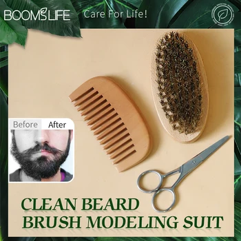 Boar Bristle Beard Brush for Men Beard Grooming Kit with Scissor Wooden Mustache Comb Beard Growth Beard Kit  Barba Accesorios