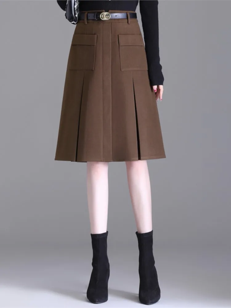 

Winter Pocket Thick Folds A-line Skirts Korea Style Fashion High Waist Office Lady Skirt Elegant Mid-long Woolen Skirts