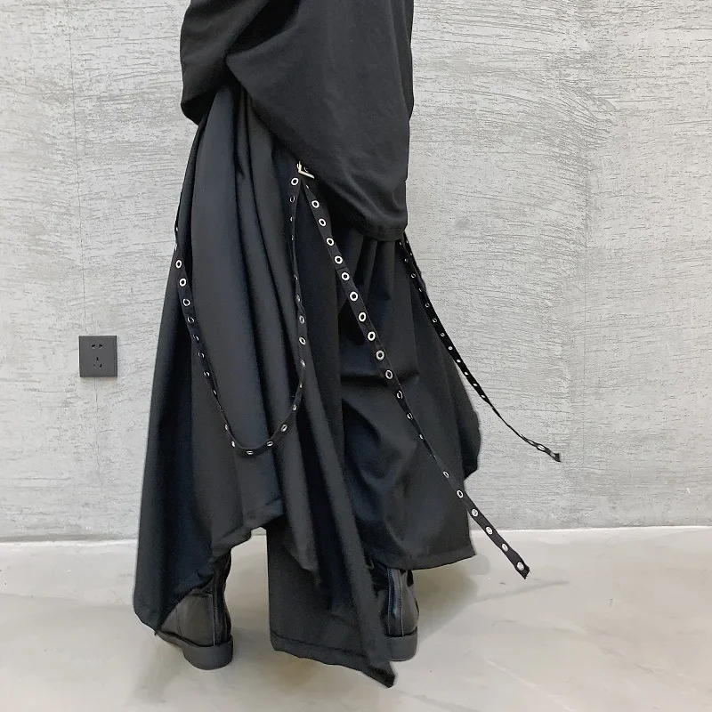 Wide Leg Pants Men Ribbon Dark Black Wide Leg Pants
